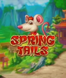 A charming illustration of a mouse wearing a red traditional Chinese outfit standing in a vibrant mountain backdrop. The image is for the Spring Tails Slot by Betsoft, highlighted with bold gold and red logo text.