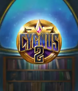 Discover the magical graphics of Cygnus 2 Slot by ELK Studios, highlighting a luxurious golden emblem with a vibrant design in purple and gold. Positioned against a mystical library setting, this image captures the essence of adventure and mystery. 